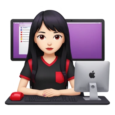 lilac girl with long hair and bangs worker and acessories with a pc worten the clothes black like an alternative bue the shirt in red with worten on the right side very small sticker
