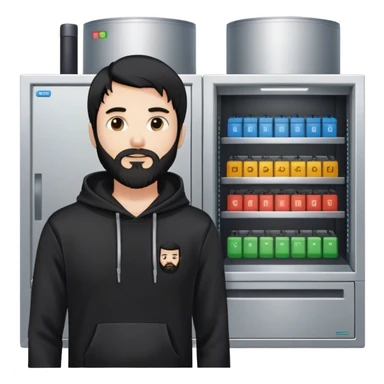 hackeur blanc cheveux noir barbe et capuche noir à côté d'un server sticker