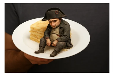 Сгенерируй мне такую же тарелку, в таком же расположение, но на ней сидит грустный наполеон бонапарт в чуть рваной одежде, как будто он повержен sticker