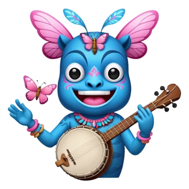 Pixar style little Blue and pink tiki singing with a butterfly and playing a banjo, ultra detailed and lifelike imagery, realistic sticker