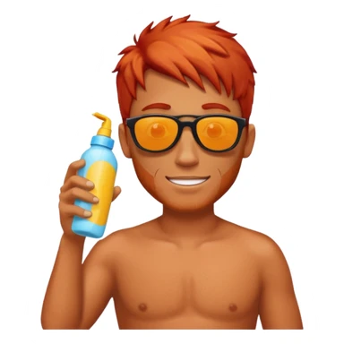 male red haired with suncream bottle and sunglasses, with sun burned sticker
