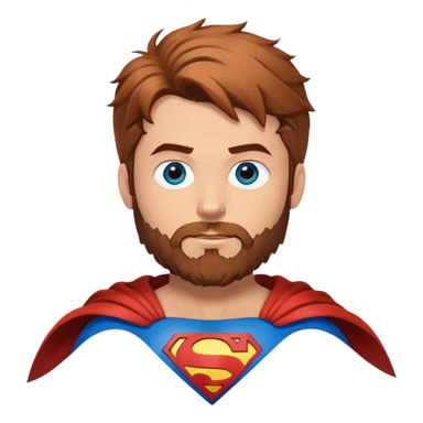 Flying superman costume with shaggy redish brownish hair, blue eyes no capacity full scruffy beard sticker