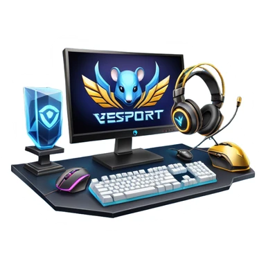 An icon featuring a gaming setup with a high-tech monitor displaying a competitive game, a keyboard, and a gaming mouse. The design includes a headset and a trophy, symbolizing victory and skill in esports. Transparent background highlights the energy and precision of professional gaming. sticker