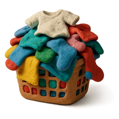 overflowing laundry basket, mix of socks and t-shirts, playful look, claymation style sticker