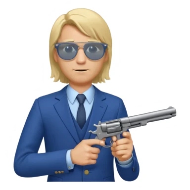 A blond man in a blue suit with a Colt pointing forward. The audience , and long hair and Rayban glasses sticker