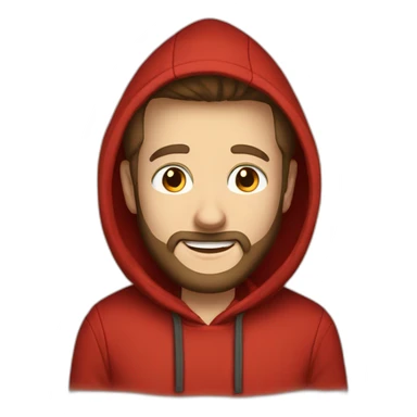 white dude smiling with a brown beard and short brown hair with a red hooded hoodie with Posh embroidered on the hoodie sticker
