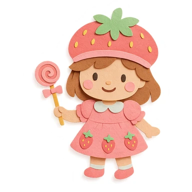 little girl in a strawberry shortcake dress, holding a candy wand, pastel background, paper craft style sticker