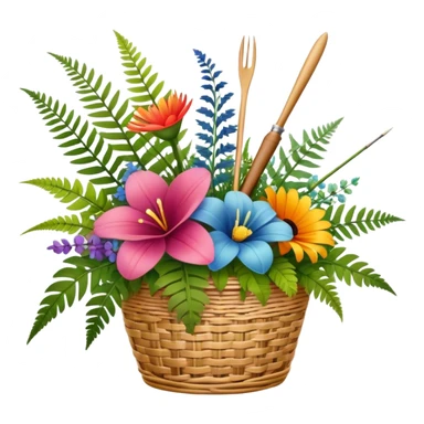 Icon for Floristry: a bouquet of flowers in a woven basket, with reeds, ferns and floral arranging tools nearby, like scissors and a flower stem. The icon should represent creativity in flower design and arranging. Transparent background. sticker