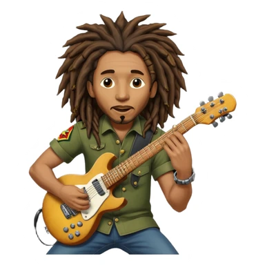 Bob Marley with dread locks play electric guitar in form heraldic crest sticker