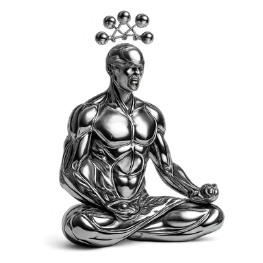 chrome style figure of a man meditating in the lotus position, with several reflective chrome spheres floating above his head in a net-like arrangement, highly metallic sticker