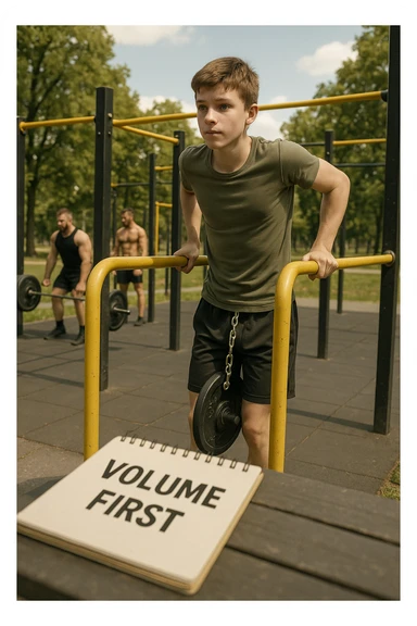 Atleta neofita giovane in un parco attrezzato per streetlifting, fisico ancora in fase iniziale. È intento a eseguire molte ripetizioni di esercizi a corpo libero con pesi leggeri (zavorra moderata), come trazioni e dip su parallele. Accanto a lui un taccuino di allenamento con la scritta 'Volume First'. L’atmosfera è luminosa e motivante, con altri atleti più muscolosi che sollevano carichi pesanti, ma lui è concentrato sul gesto tecnico e sulla costanza. Stile realistico, colori naturali, messaggio educativo su priorità all’adattamento progressivo e al volume. sticker