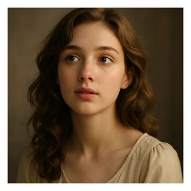 a beautiful girl with a thoughtful, wondering expression, soft lighting, gentle features, elegant hair, visually appealing, portrait sticker