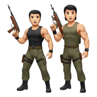 Icon for Action Movies: Arnold Schwarzenegger as John Matrix in Commando and Sylvester Stallone as John Rambo in Rambo, both in iconic action poses with weapons, intense expressions, and explosive backgrounds. Powerful and dynamic with dramatic lighting. Transparent background. sticker