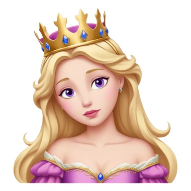 Cinematic Realistic Sleeping Beauty (Aurora) Portrait, with porcelain-like skin featuring a natural rosy flush, illuminated by soft lighting that highlights the gentle contours of her face. Her golden blonde hair flows in soft, detailed waves with subtle highlights that shimmer in the light. Her deep violet-blue eyes radiate warmth and innocence, framed by arched brows and long lashes. Her serene expression exudes quiet elegance. She is dressed in her classic pink gown, the fabric rich in texture with delicate folds that catch the light. A golden crown rests atop her head, gleaming with royal refinement. The portrait captures a soft, glowing aura, blending realism with an ethereal sense of beauty and timeless enchantment. sticker