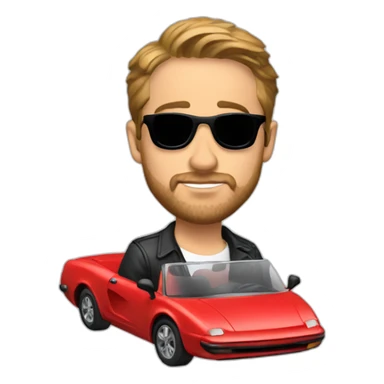 Ryan Gosling driving a tiny red car sticker