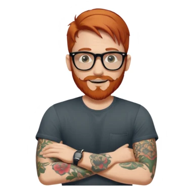Svelte looking redhead man with sleeve tattoos and a beard and rayban glasses, 38 years old but younger looking sticker