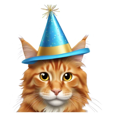 orange maine coon cat wearing a new year’s party hat sticker
