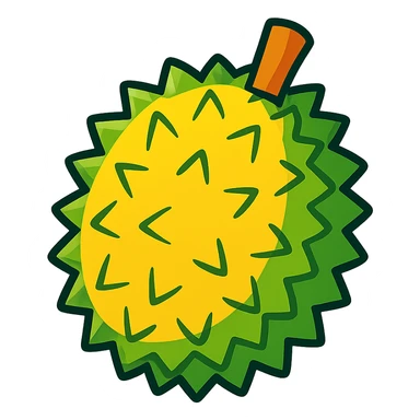 whole durian fruit, stylized cartoon, bright colors, isolated on white background sticker