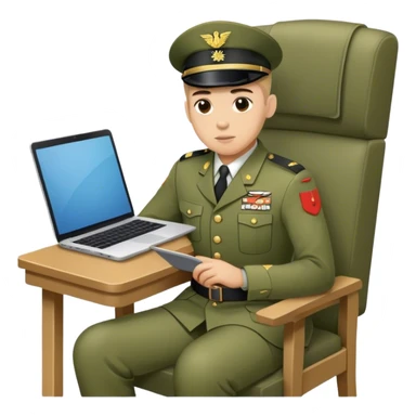 Soldier on a chair watching a laptop, kawaï style sticker