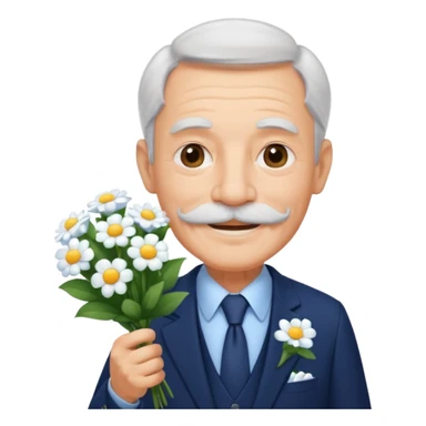 homme âgé en costume bleu foncé souriant avec moustache portant un bouquet fleurs blanche  sticker