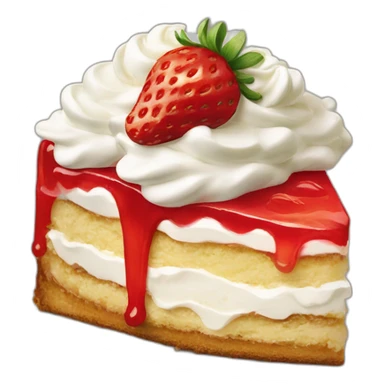 Slice of strawberry shortcake, layered with whipped cream and topped with a whole strawberry sticker