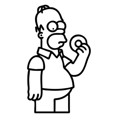 Homer Simpson outlined icon style, yellow skin, bald, white shirt, blue pants, eating a donut sticker