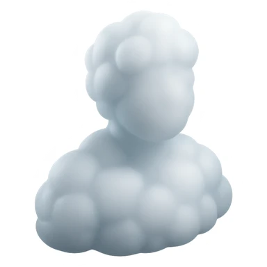 person made entirely of white fluffy convex clouds, shoulder up, front view, matte glass style sticker