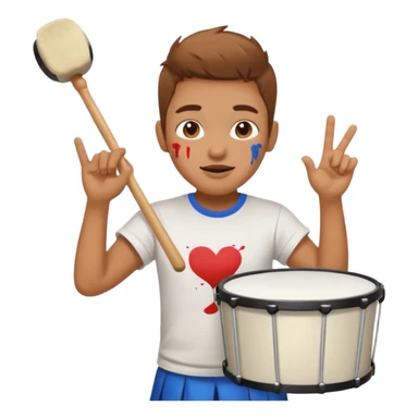 A loud fan, simple tee shirt with paint on his cheeks with a marching drum, beating it with enthusiasm sticker