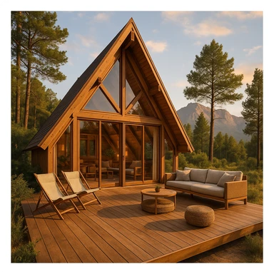 A-Frame house in a luxury glamping environment, elegant and detailed, with a wooden deck, outdoor seating, and scenic background, semi-realistic style sticker