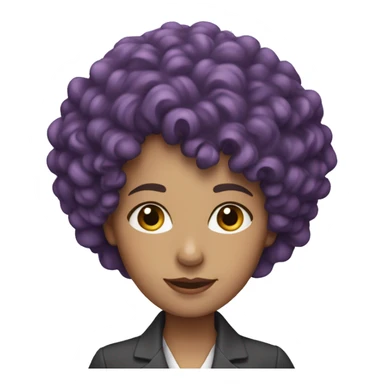 European, purple curly hair, woman, middle-aged, professional attire. sticker