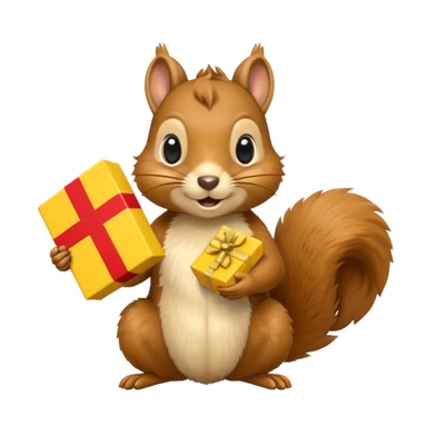 a squirrel holding a yellow gift box in one hand and a Swiss flag in the other, both objects clearly visible, simple white background, the gift is a different color from the flag sticker