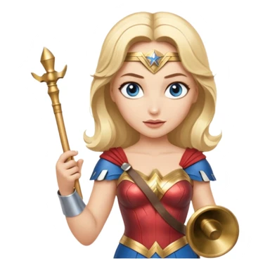 Blonde blue eyed Wonder Woman holding white orchestra conductor’s baton and bell sticker