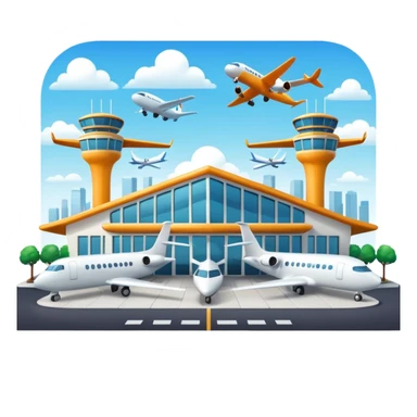 A 3D cartoon airport terminal building with glass windows and airplanes nearby, clean lighting, Memoji-style rendering. sticker