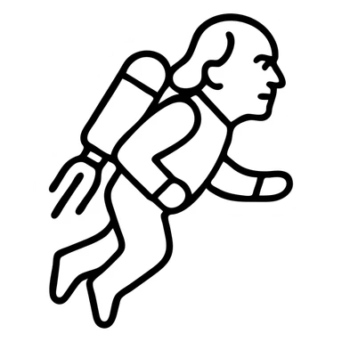 Minimalist black outline icon of Ben Franklin flying with a jetpack, startup logo style sticker