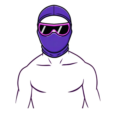 shirtless athletic man with white skin, wearing a purple balaclava face mask and purple sunglasses with black tinted lenses sticker