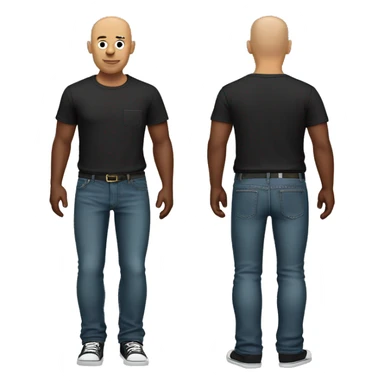 Standing bald man with a black and wine t-shirt with a pocket and a jeans pants sticker