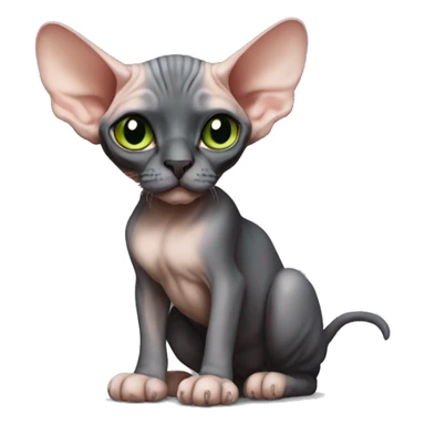 The Sphynx cat is sitting, she has not bright green eyes and black ear pads. there is black fur on her nose sticker