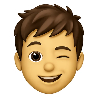 emoji face of a young person with short tousled brown hair, light skin, winking expression sticker