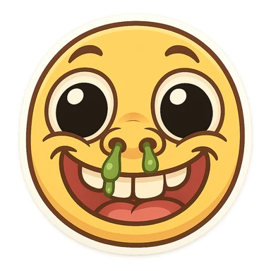 silly emoji-style face with oversized eyes, large nostrils with green boogers, wide grin with prominent buck teeth sticker