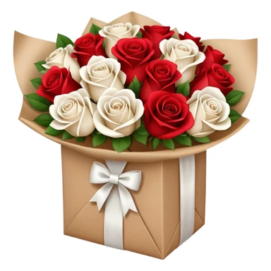 white and red roses bouquet in brown paper with white bow sticker