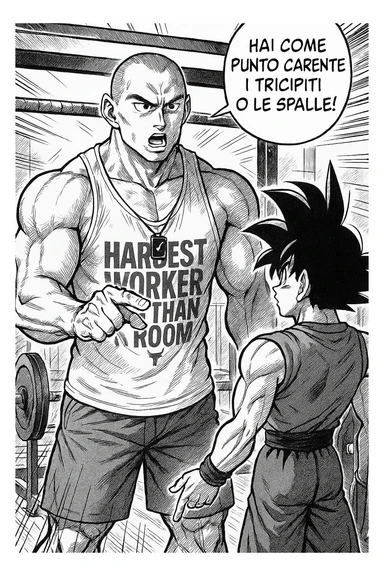 Personal trainer che dice al suo allievo, "hai come punto carente i tricipiti o le spalle!" Stile manga di Dragon Ball sticker