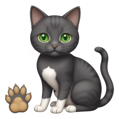 beautiful female solid dark grey cat with green eyes, white toes/paws and white patch on her chest playing sticker