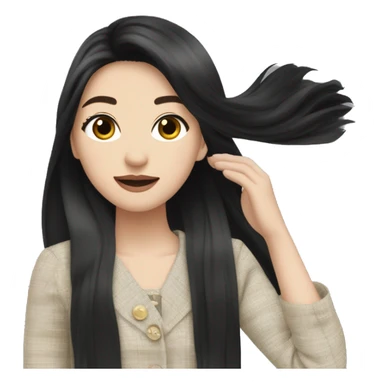 A very beautiful pale Asian girl with silky long black straight hair,waving in the wind,she wears headband and wearing chanel tweed sticker