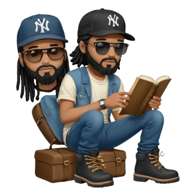 African American man with shoulder length black dreadlocks with black beard wearing black sunglasses with a black New York Yankees logo baseball cap wearing denim skinny jeans and Timberland boots reading a Bible sticker