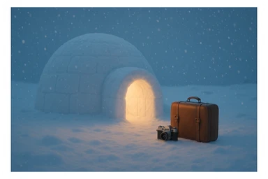 A cozy igloo with a suitcase and camera outside, snow falling gently, peaceful Arctic vacation vibe sticker