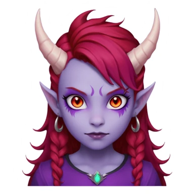Demon Girl Purple Skin Dragon Horns Black Eyes Red Glowing Pupils Auburn Haired Red Shirt  sticker