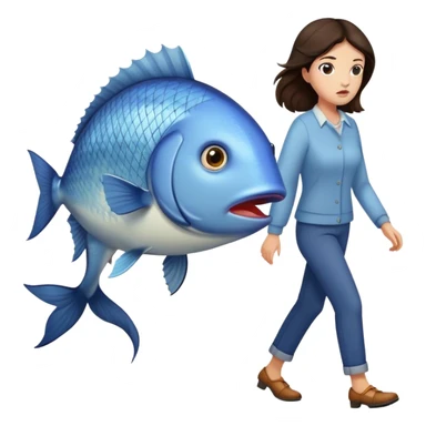 Annoyed Brunette Woman walking with huge fish sticker