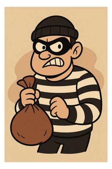 robber character with a black eye mask, black and white striped shirt, holding a sack, cartoon style sticker