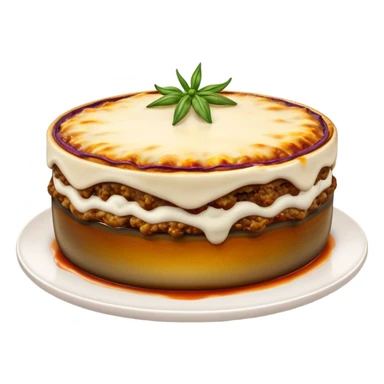 Cinematic Realistic Moussaka Dish Emoji, depicted with layers of eggplant, minced meat, and b√©chamel sauce rendered with rich textures and warm, inviting lighting that captures its Mediterranean flavor. sticker