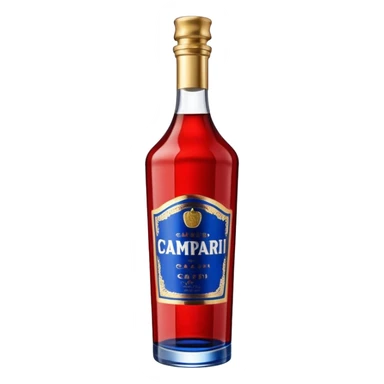 A tall red Campari bottle with a gold cap, bold blue-and-white label, and textured ridged glass at the bottom. Glossy, elegant, iconic look. sticker